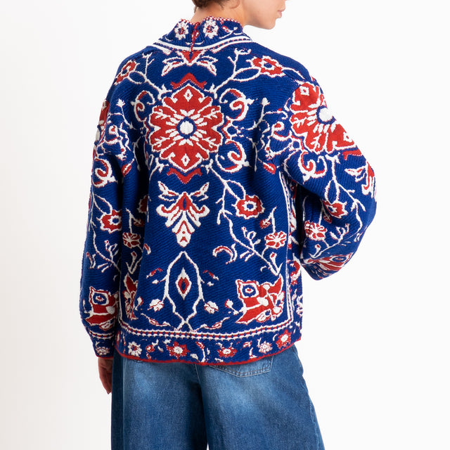 Tensione in-Cardigan misto alpaca fantasia floreal - blu/rosso/panna