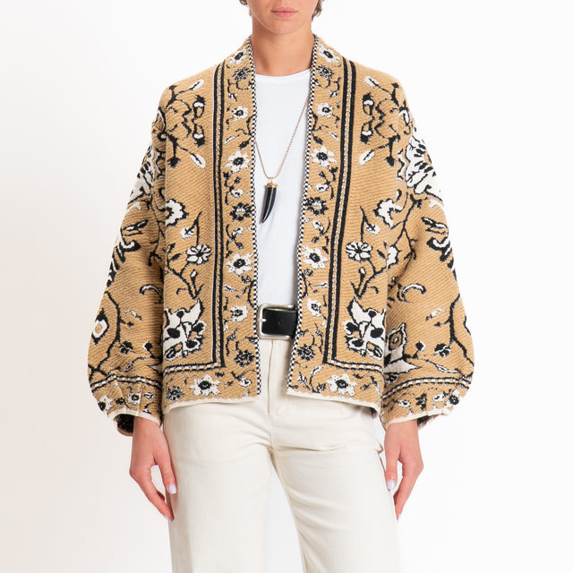 Tensione in-Cardigan misto alpaca fantasia floreal - cammello/bianco/nero