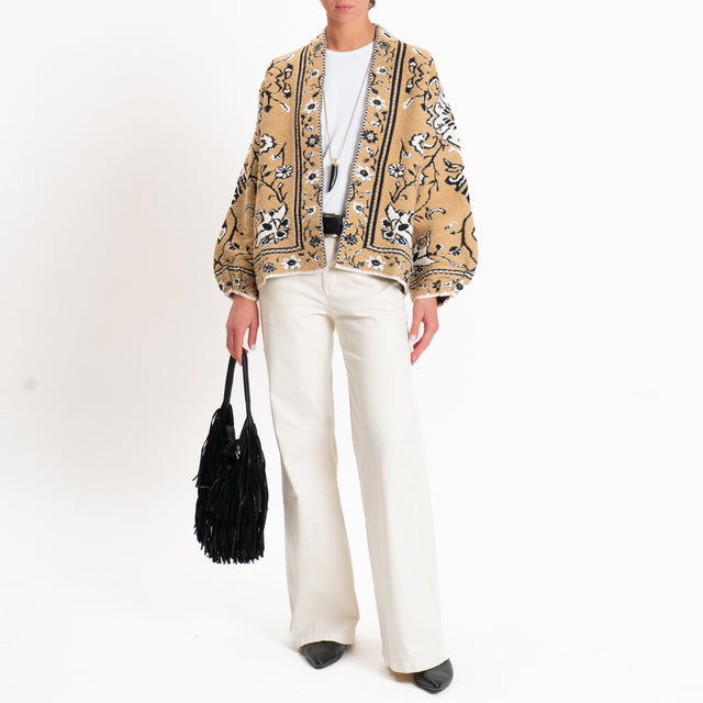Tensione in-Cardigan misto alpaca fantasia floreal - cammello/bianco/nero