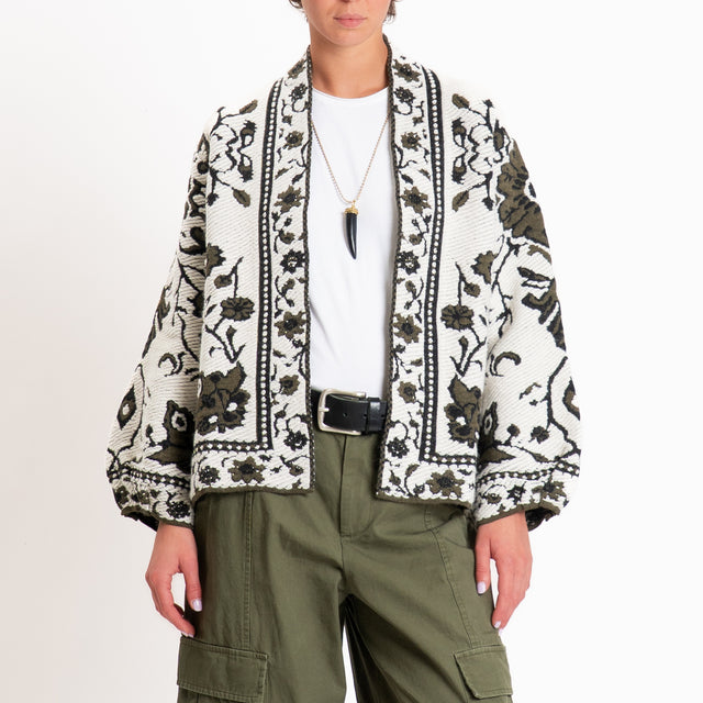 Tensione in-Cardigan misto alpaca fantasia floreal - panna/militare/nero