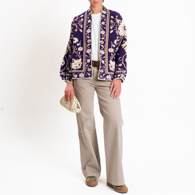 Tensione in-Cardigan misto alpaca fantasia floreal - viola/panna/cammello
