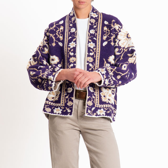 Tensione in-Cardigan misto alpaca fantasia floreal - viola/panna/cammello