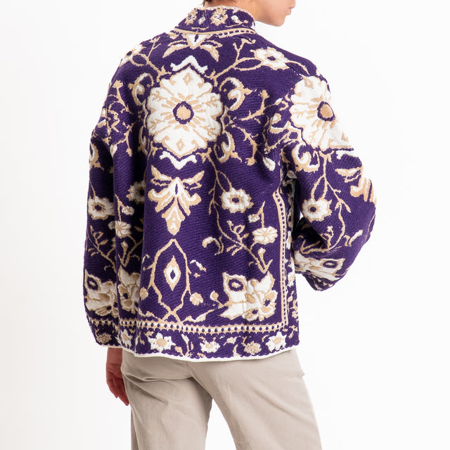 Tensione in-Cardigan misto alpaca fantasia floreal - viola/panna/cammello