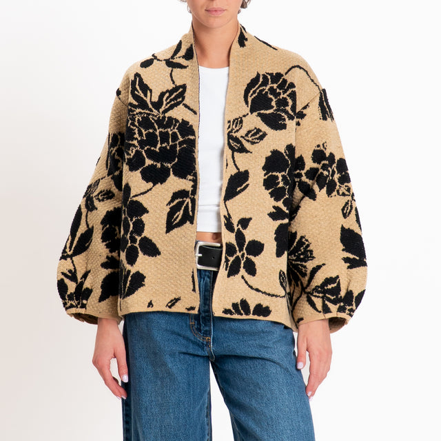 Tensione in-Cardigan fiori misto alpaca - cammello/nero