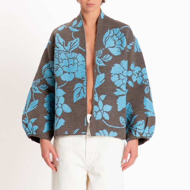 Tensione in-Cardigan fiori misto alpaca - fango/azzurro