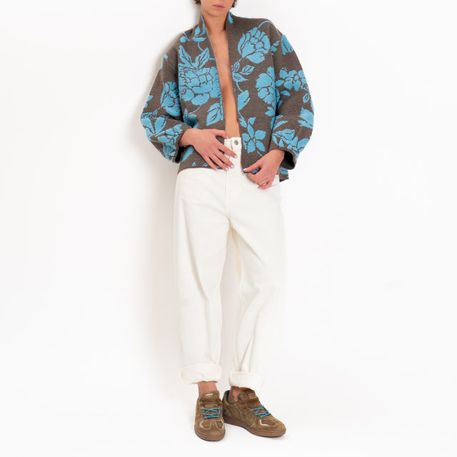 Tensione in-Cardigan fiori misto alpaca - fango/azzurro