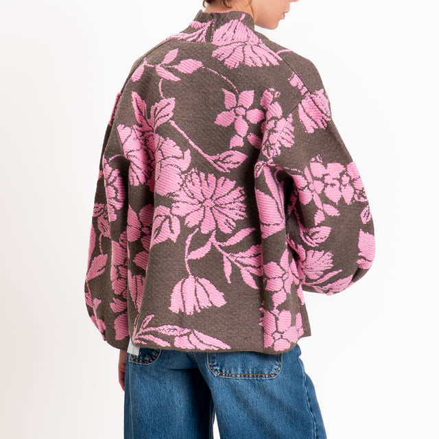 Tensione in-Cardigan fiori misto alpaca - fango/fucsia