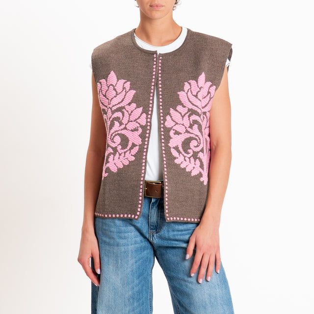 Tensione in-Gilet misto alpaca fantasia arabesque - fango/rosa