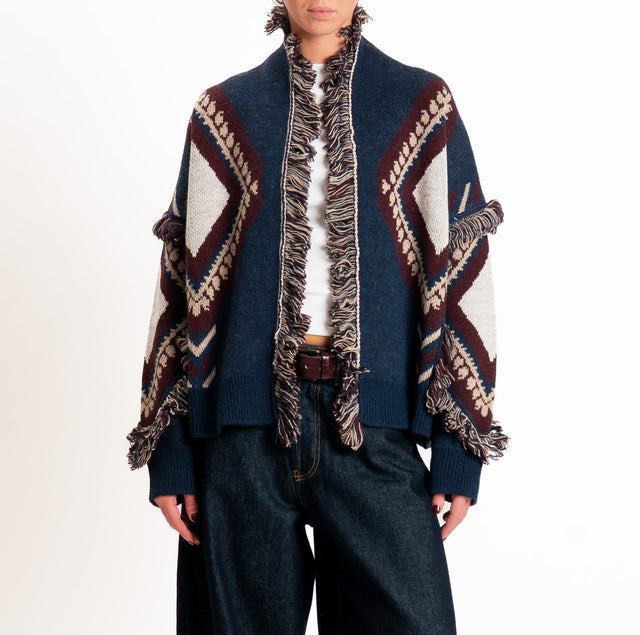 Tensione in-Cardigan rombi misto alpaca con frange - blu/bordeaux/mastice