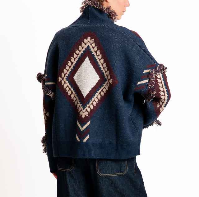 Tensione in-Cardigan rombi misto alpaca con frange - blu/bordeaux/mastice