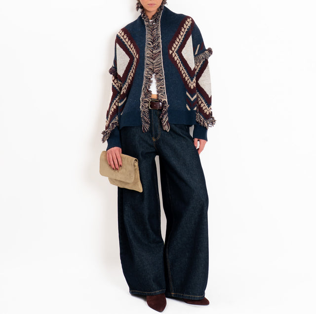Tensione in-Cardigan rombi misto alpaca con frange - blu/bordeaux/mastice
