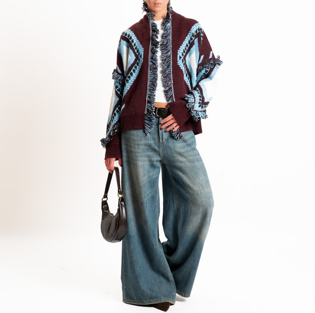 Tensione in-Cardigan rombi misto alpaca con frange - bordeaux/azzurro/latte