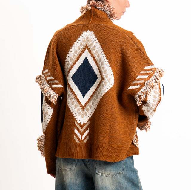 Tensione in-Cardigan rombi misto alpaca con frange - coccio/blu/burro