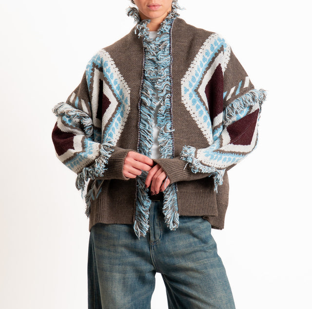Tensione in-Cardigan rombi misto alpaca con frange - fango/azzurro/bordeaux