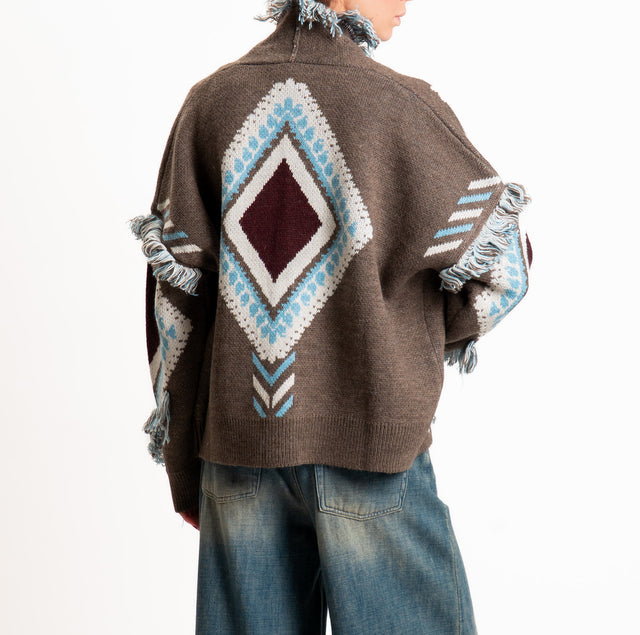 Tensione in-Cardigan rombi misto alpaca con frange - fango/azzurro/bordeaux