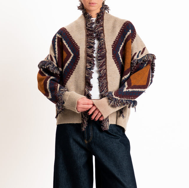 Tensione in-Cardigan rombi misto alpaca con frange - mastice/blu/cuoio