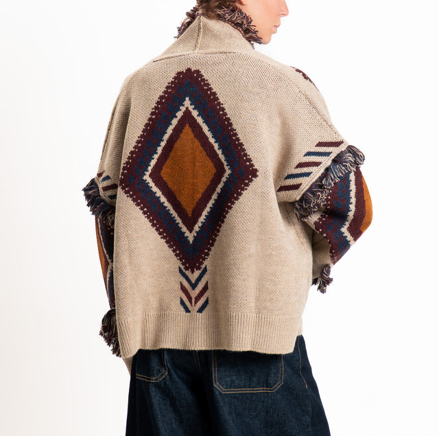 Tensione in-Cardigan rombi misto alpaca con frange - mastice/blu/cuoio