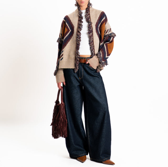 Tensione in-Cardigan rombi misto alpaca con frange - mastice/blu/cuoio