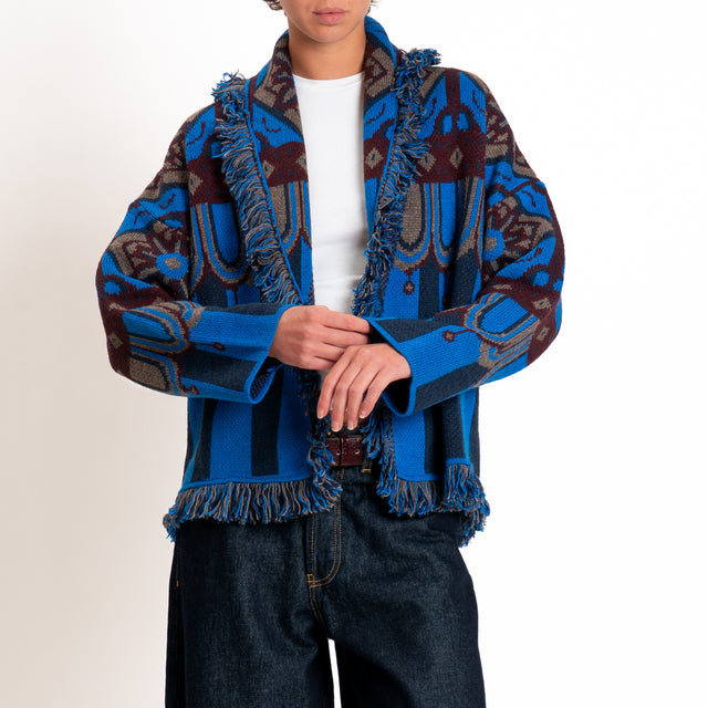 Tensione in-Cardigan jacquard misto alpaca con frange - moro/blu/royal