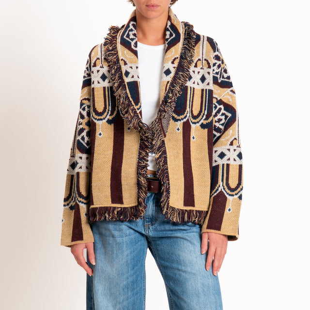 Tensione in-Cardigan jacquard misto alpaca con frange - moro/camel/blu