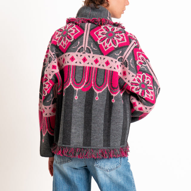 Tensione in-Cardigan jacquard misto alpaca con fra - moro/grigio/fucsia