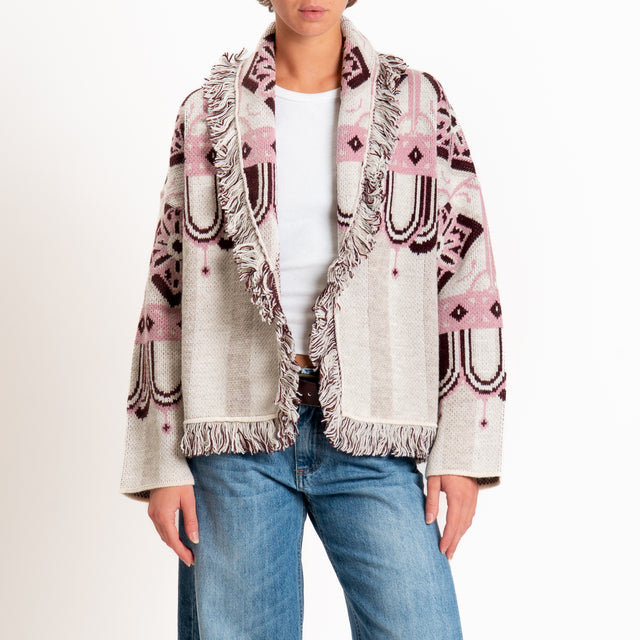 Tensione in-Cardigan jacquard misto alpaca con frange - Bordeaux/panna/rosa