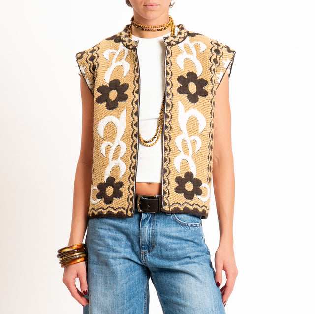 Tensione in-Gilet misto alpaca fantasia floreale - cammello/beige/moro