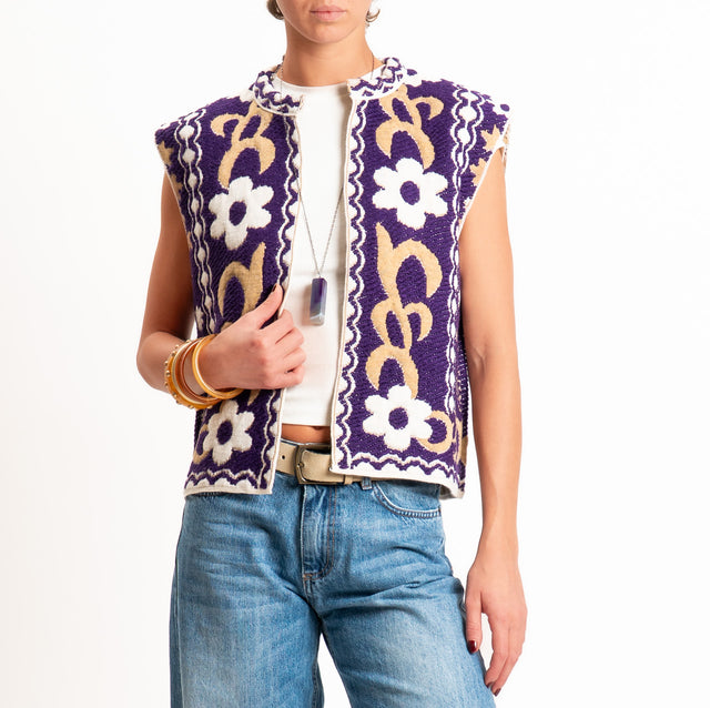 Tensione in-Gilet misto alpaca fantasia floreale - viola/cammello/panna