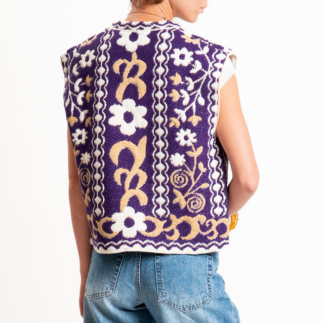 Tensione in-Gilet misto alpaca fantasia floreale - viola/cammello/panna