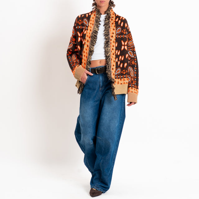 Tensione in-Cardigan fantasia bandana misto alpaca - moro/arancio/camel