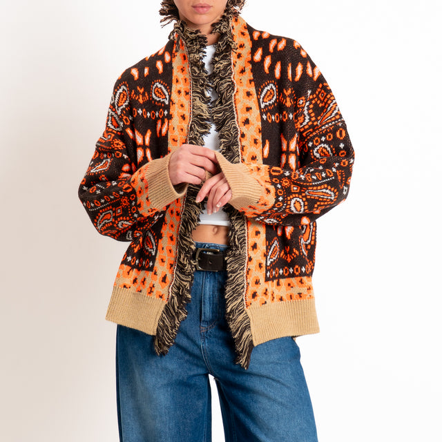 Tensione in-Cardigan fantasia bandana misto alpaca - moro/arancio/camel