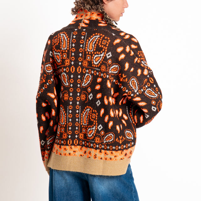 Tensione in-Cardigan fantasia bandana misto alpaca - moro/arancio/camel