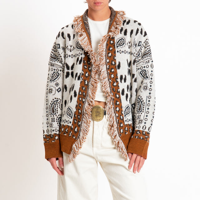 Tensione in-Cardigan fantasia bandana misto alpaca - moro/panna/cuoio