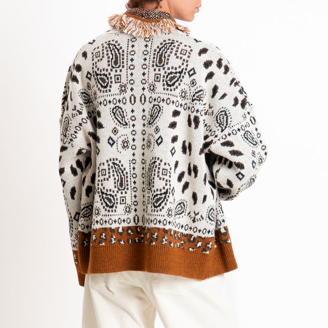Tensione in-Cardigan fantasia bandana misto alpaca - moro/panna/cuoio
