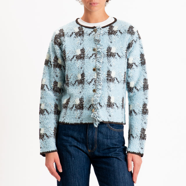 Tensione in-Cardigan scozzese con frange - celeste/moro
