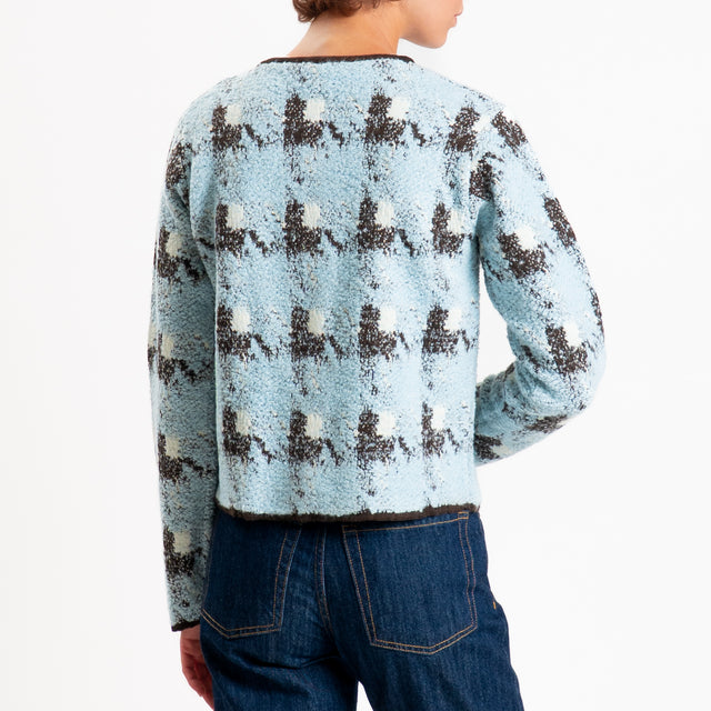 Tensione in-Cardigan scozzese con frange - celeste/moro