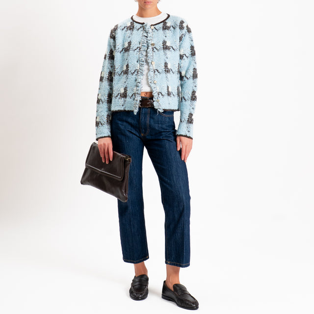 Tensione in-Cardigan scozzese con frange - celeste/moro
