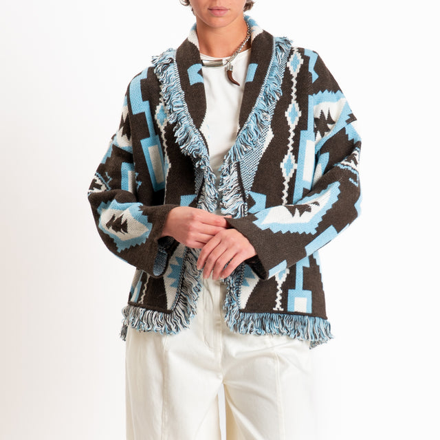 Tensione in-Cardigan fantasia etnico misto alpaca - moro/azzurro/panna