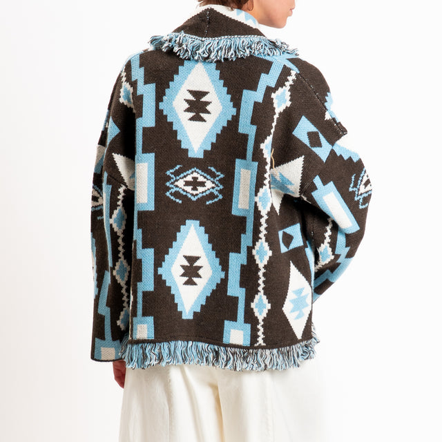 Tensione in-Cardigan fantasia etnico misto alpaca - moro/azzurro/panna