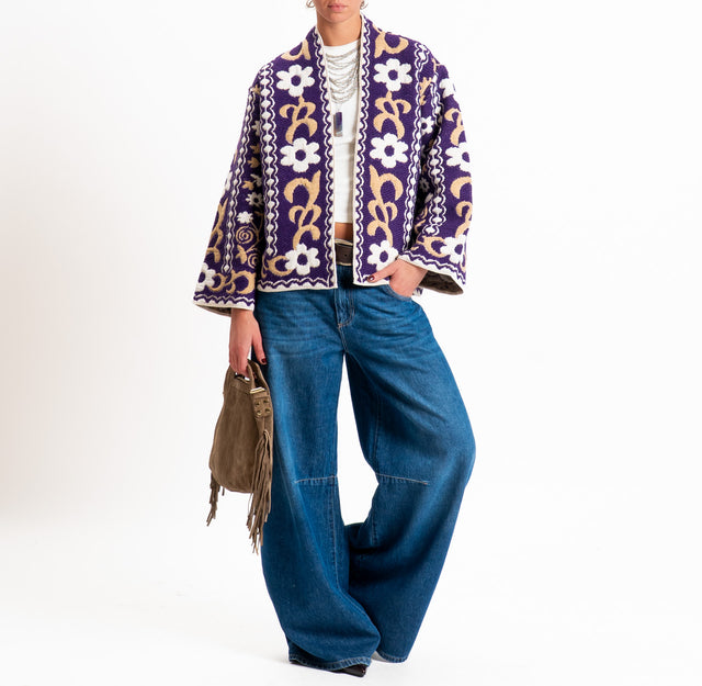 Tensione in-Cardigan misto alpaca fantasia floreal - viola/cammello/panna