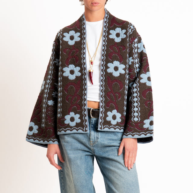 Tensione in-Cardigan misto alpaca fantasia floreal - moro/azzurro/bordeaux