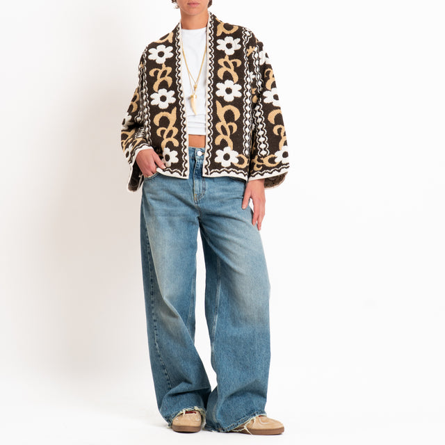 Tensione in-Cardigan misto alpaca fantasia floreal - moro/camel/panna