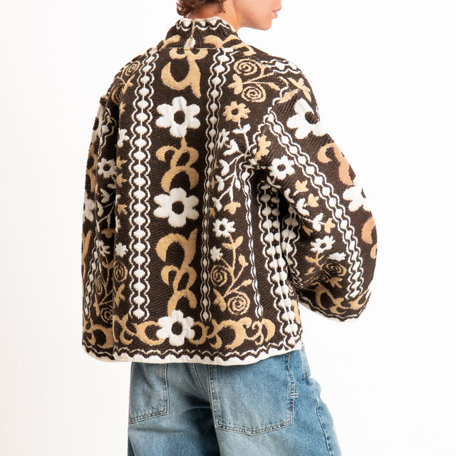 Tensione in-Cardigan misto alpaca fantasia floreal - moro/camel/panna