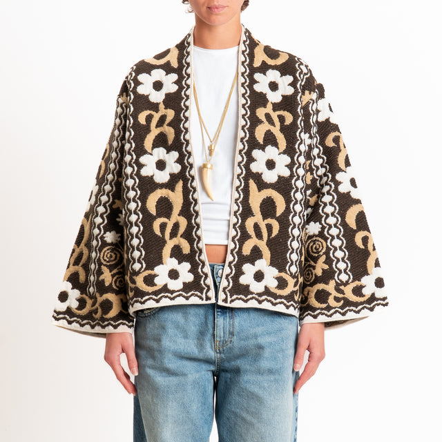 Tensione in-Cardigan misto alpaca fantasia floreal - moro/camel/panna
