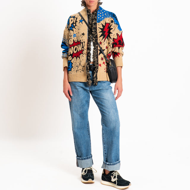 Tensione in-Cardigan fantasia pop art misto alpaca - camel/royal/rosso