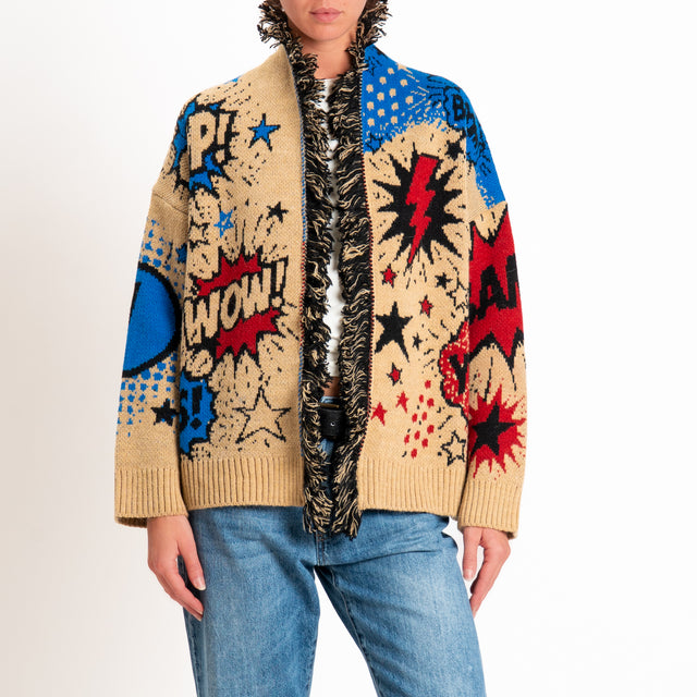 Tensione in-Cardigan fantasia pop art misto alpaca - camel/royal/rosso