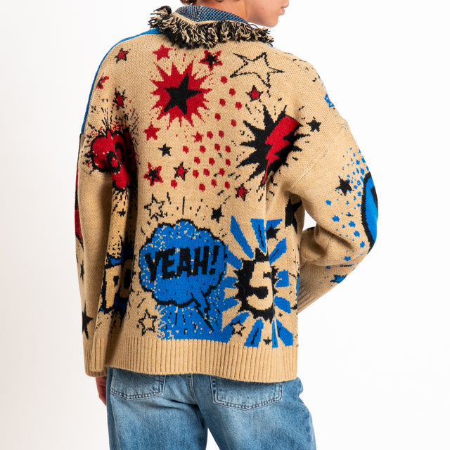 Tensione in-Cardigan fantasia pop art misto alpaca - camel/royal/rosso