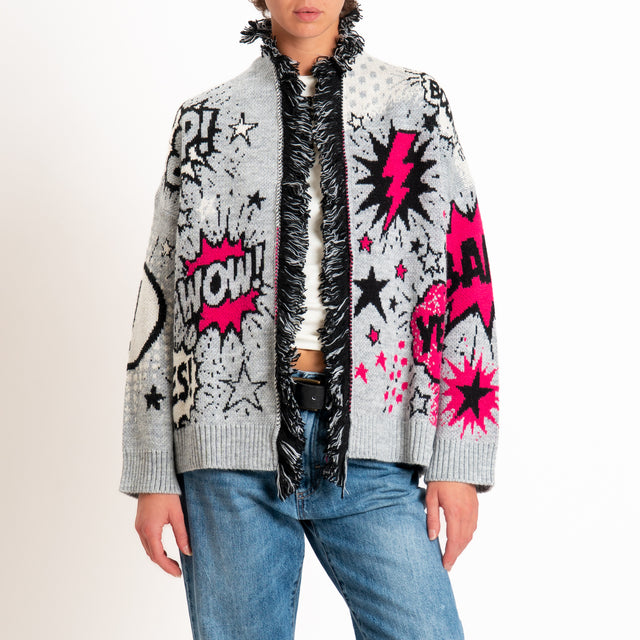 Tensione in-Cardigan fantasia pop art misto alpaca - grigio/nero/fucsia