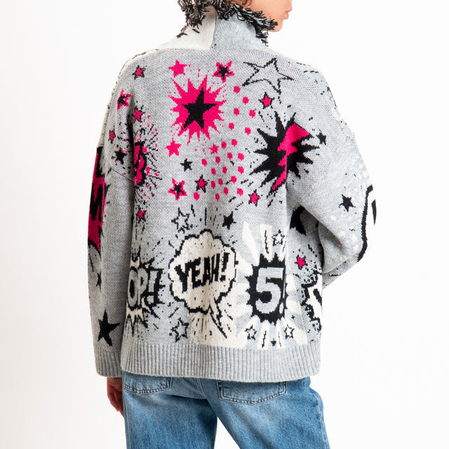 Tensione in-Cardigan fantasia pop art misto alpaca - grigio/nero/fucsia