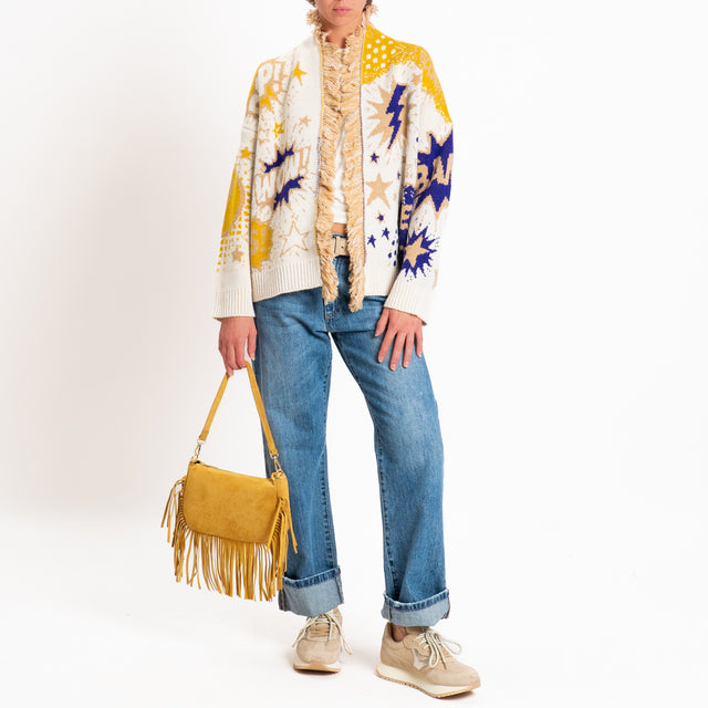 Tensione in-Cardigan fantasia pop art misto alpaca - panna/camel/viola